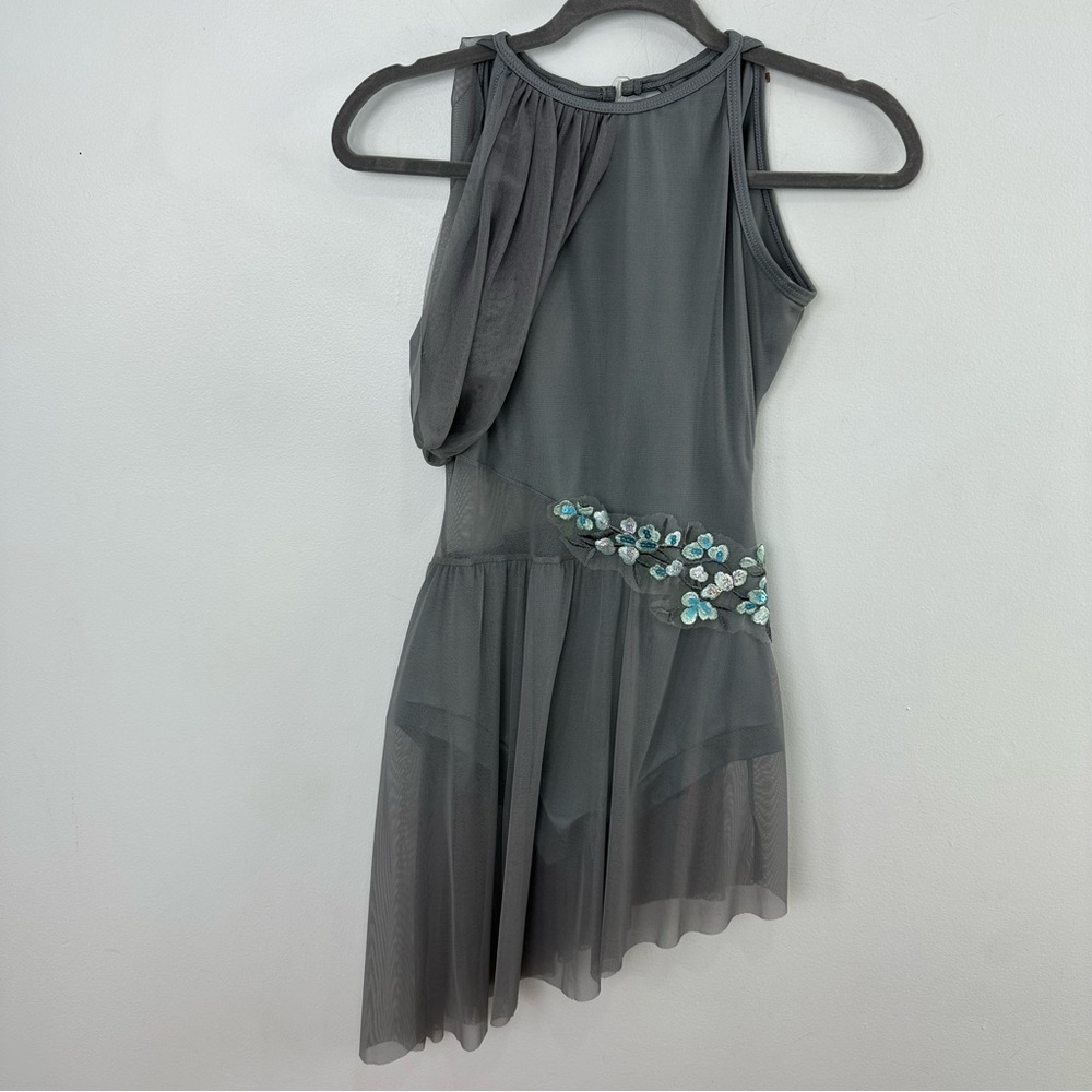 Curtain Call Rythmic Journey Small Adult Steel Gray, Floral Accent Dance Dress